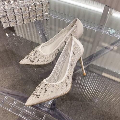 Summer new white lace fine high-heeled bridal wedding shoes rhinestone mesh pointed sexy wild banquet dress female sandals