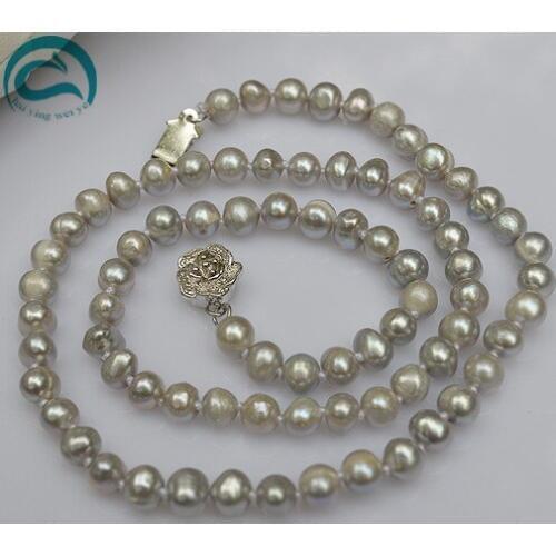 Unique Pearls jewellery Store AA 6-7mm Gray Color Genuine Freshwater Pearl Necklace Silver Flower Clasp 45cm Woman Jewelry