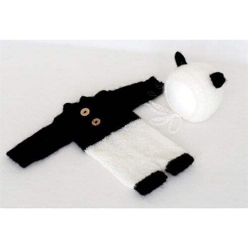 Panda Newborn Mohair Hooded Romper Bonnet set Baby Footed Overalls Outfit Infant Photography props Clothes Full set