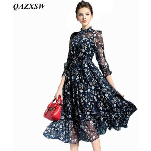 QAZXSW Autumn Vintage Silk Maxi Dress Women Sweet Ball Gown Flower Print Dresses Retro Slim Female Dress Vestido Feminino YX0066