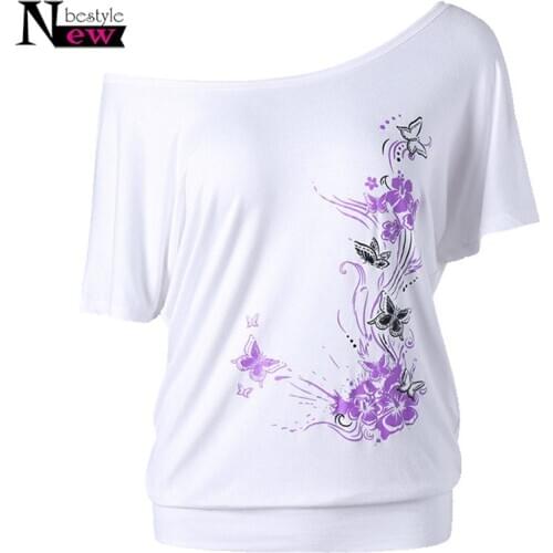 Sexy T Shirt Women Fashion Skew Collar Short Sleeve Oblique Off Shoulder Butterfly Print Tshirt Women Cotton Plus Size T-shirts