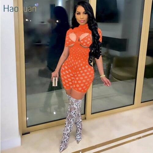 HAOYUAN Mesh Sheer Hole Two Piece Set Bandage Crop Top Short Sleeve Bodycon Playsuit for Women Sexy Club Outfits Matching Sets