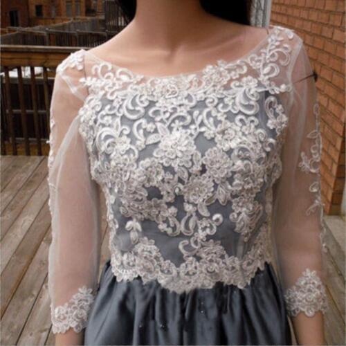Appliques Wedding Jackets Top Bridal Boleros Lace Wraps 3/4 Sleeve Pearls Beaded V-Back
