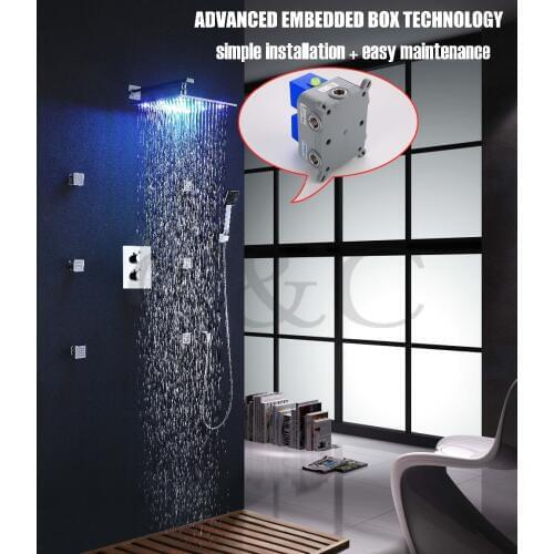 Bathroom Rainfall Thermostatic Shower Faucet 12 Inch Rainfall LED Shower Head Easy Installation With Embedded Box 002T-12C-2