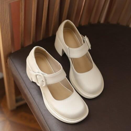 2021 Mary Janes Shoes Women Natural Genuine Leather Platform High Heels Buckle Strap Thick Heel Ladies Footwear Spring Beige
