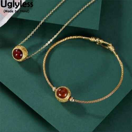 Uglyless Latest Balls Jewelry Sets for Women Natural Garnet Red Bracelets Pendants Necklaces NO Chains Gold 925 Silver Bijoux