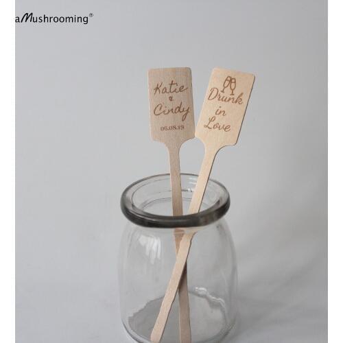 X100 Rustic Wedding Cocktail Stirrers Personalized Wooden Swizzle Sticks Drink Stir Sticks with Name and Date Engraved