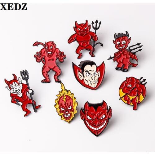 XEDZ 8 styles cartoon red enamel pin vampire hell demon warrior flame weapon child gift jewelry badge backpack brooch