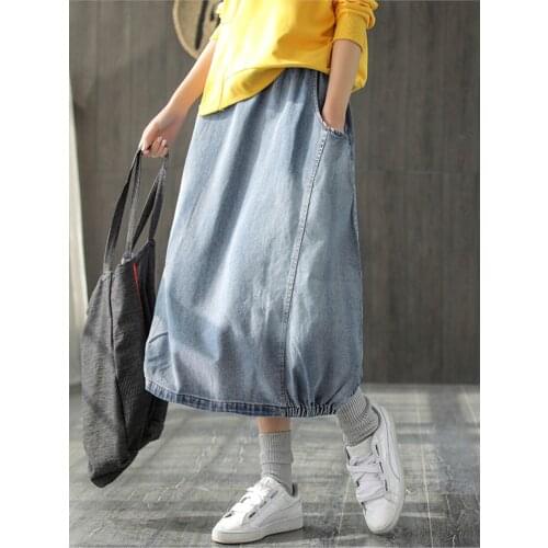 Spring Autumn Skirt Fashion Women Large size Denim skirt New Ladies Elastic Waist pocket Bleached Mori girl Casual Loose skirt