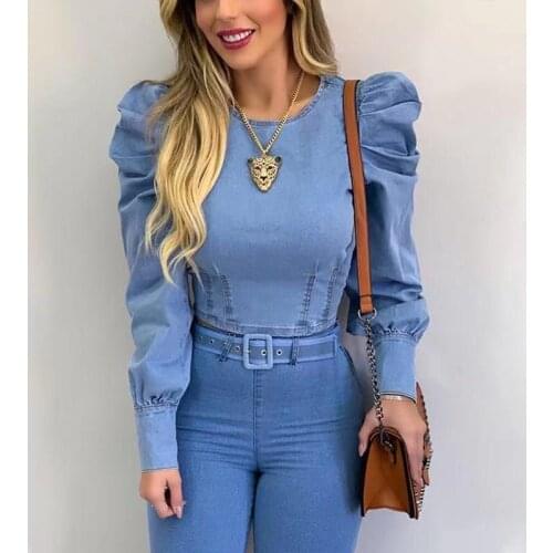 2021 Elegant Design Solid Denim Long Sleeve Shirt Women Fashion Sexy Slim Fit Short Puffy Sleeves Chic Cropped Shirt Tops Ladies