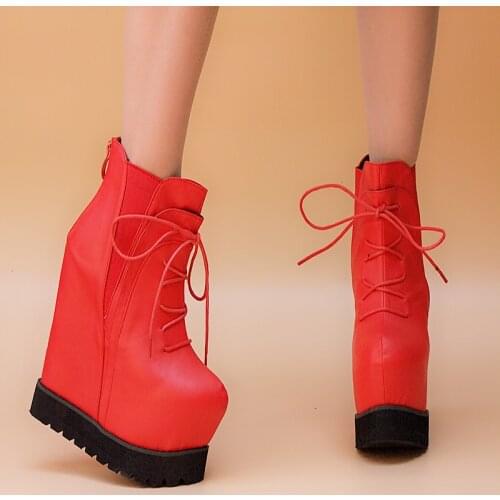 New 16CM Super High-heeled Platform Thick-bottomed Tie with Muffin Inside The Wedge with Female Short Boots