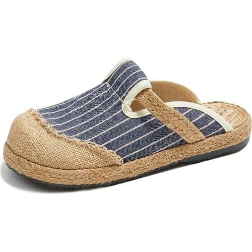 Retro Handmade Ladies Striped Canvas Linen Closed Toe Shoes Comfort Casual Flat Mules Female Vegan Bohemian Espadrilles Slippers