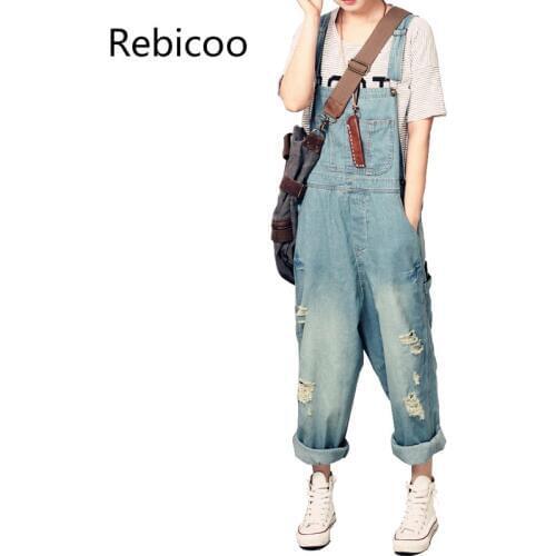 Womens casual loose denim overalls Ladys oversize hole ripped baggy jeans Wide leg pants for woman