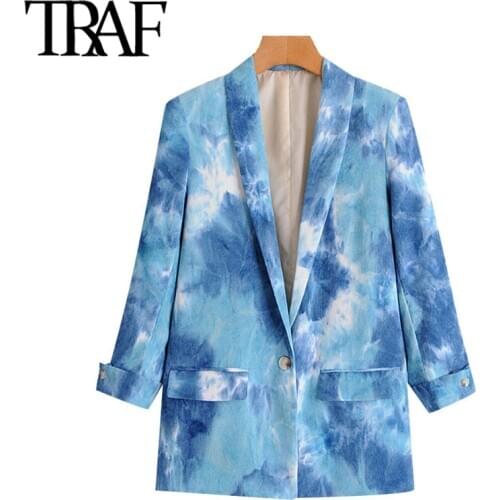 TRAF Women Fashion Tie-dye Print Corduroy Blazer Coat Vintage Long Sleeve Pockets Female Outerwear Chic Tops
