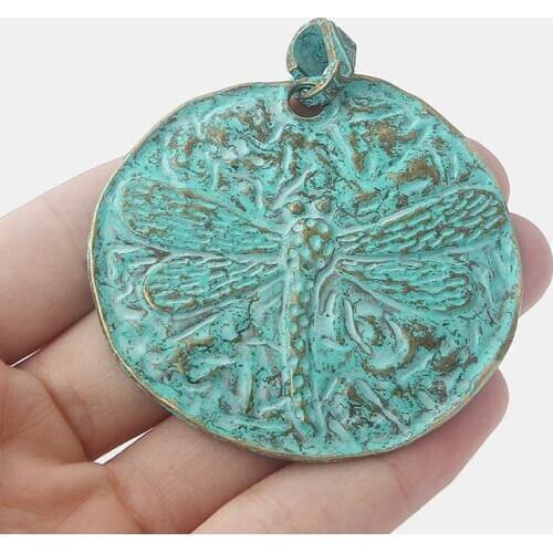 2PCS Antique Bronze Greek Patina Large Carved Dragonfly Embossed Round Charms Pendants for Necklace Making Jewelry Findings