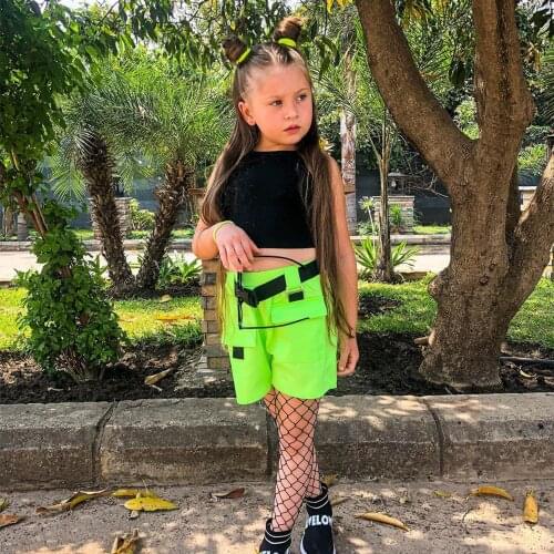 2021 Fashion Summer Girls Outfits Kids Black Vest Tank Tops+Shorts with Adjustable Belt 3pcs Clothes Sets for 1-6Y