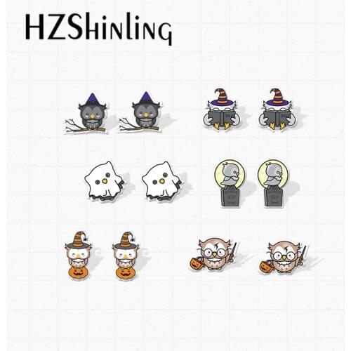 2021 New Arrival Kawaii Halloween Owls Cute Graffiti Handcraft Epoxy Acrylic Stud Earrings for Kids