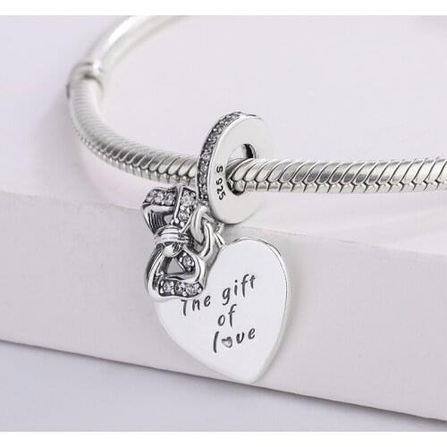 925 Sterling Silver Bow & Love Heart Dangle CZ Transparent Zircon Pendant Charm Bracelet DIY Jewelry Making For Pandora