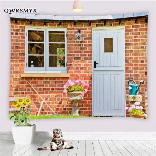 White Door Window Stone Brick Building Tapestry Wall Hanging Aesthetic Living Room Bedroom Decor Tapestries Home Art Adornment