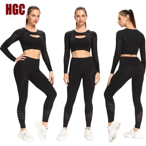Seamless Suit Women Elastic GYM Yoga Set Fitness Sport Leggings Top Long Sleeve Fit Training Mesh Hollow Out Workout Sportwear