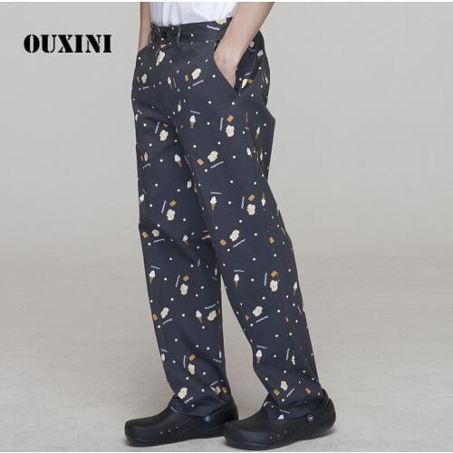 Ice cream printed chef pants work pants black print chef work pants men and women chef trousers 100% cotton