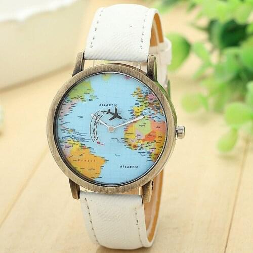 New Ladies Trend Wrist watches Fashion Global Travel By Plane Map Dial Analog Clock Women Dress watch Denim Fabric Band Relogio
