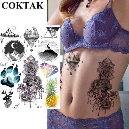 COKTAK Sexy Lace Rose Pendant Tattoo Temporary For Women Body Art Fake Tatoo Waterproof Diamond Round Mountain 3D Tattoo Sticker