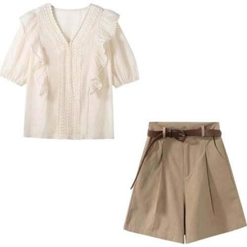 2 Pieces Women Shorts Sets Summer New Design 2021 Ruffles Hollow Out White Blouse And Wide Leg Female Elegant Clothing Suits