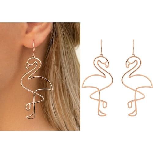 Hot Selling Metal Rose Gold Hollow Flamingo Earrings For Women Personality Exaggerated Ladies Party Novelty Jewelry