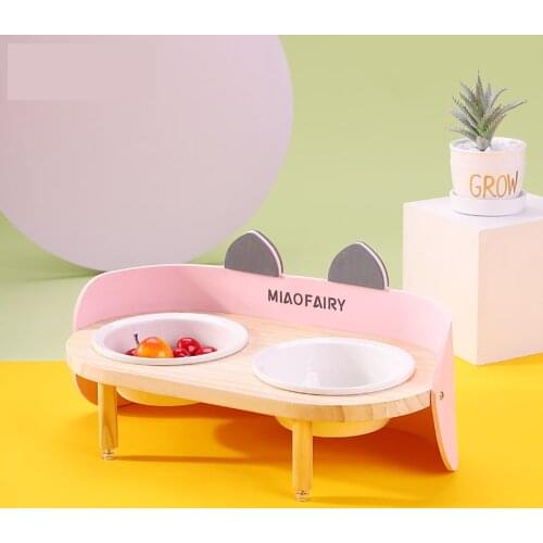 Cute Pets Double Bowl Dog Cat Food Water Feeder Stand Raised Ceramic Dish Bowl Wooden Table Pet Supplies Pet Accessories
