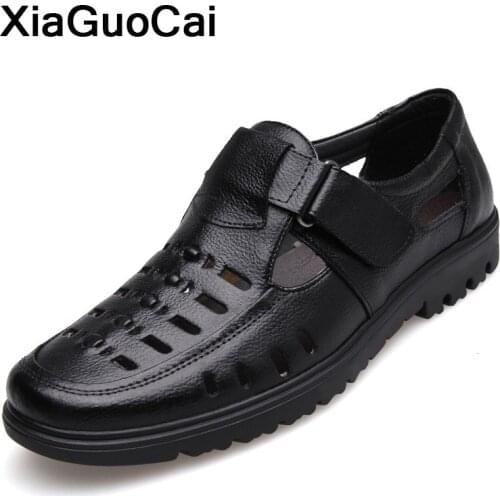 2020 Men Shoes Summer Genuine Leather Man Casual Shoes Hook & Loop Breathable Middle-aged Footwear Hollow Male Sandals Plus Size