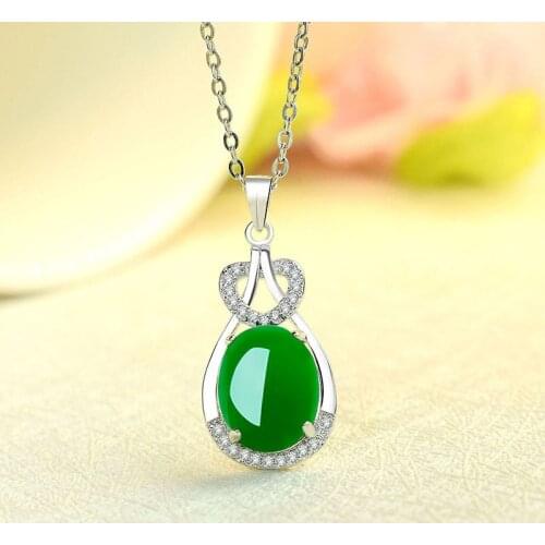Natural Green Jade Chalcedony Water Drop Pendant 925 Silver Necklace Chinese Carved Charm Jewelry Fashion Amulet Gifts for Women