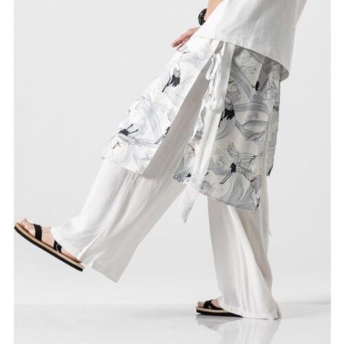 2021 New Chinese Style Summer Hanfu Pants for Men Double Layer Fake Two Piece Casual Pants Loose Elegant Wide Leg Dance Costume