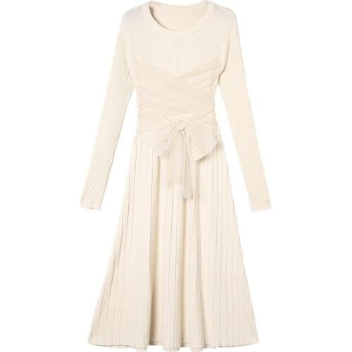 Fall Winter Women Knitted Sweater Slim Dress Korean Splice Mesh Elegant Chic Long Female Slim Casual Red Knit Pleated Dresses