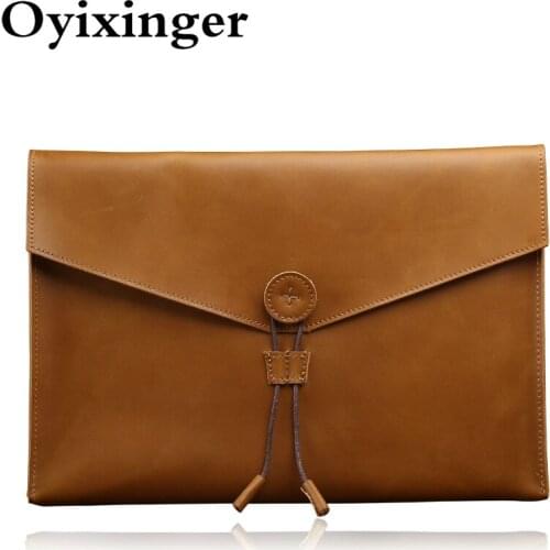 OYIXINGER Mens Laptop Crazy Horse Business Clutch Sleeve Genuine Leather Laptop Bag For 13 Inch Laptop Male A4 Document Holder