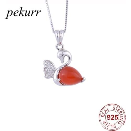 Pekurr 925 Sterling Silver Elegant Agate Swan Necklaces For Women Graceful Swan Pendants Wedding Fashion Jewelry Accessories