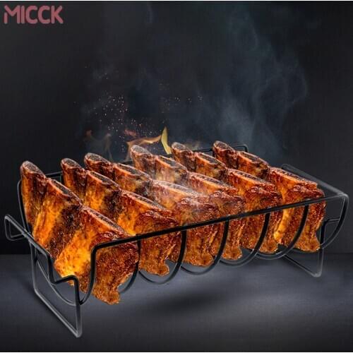 MICCK Non-stick Rib Shelf Stand Grilling BBQ Chicken Beef Ribs Rack Grilling Basket Barbecue Rib and Roast Rack Stainless Steel