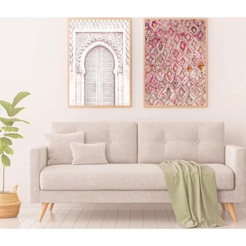 Pink Rug Art Prints Boho Wall Decor Poster Vintage Ancient Gate Morocco Door Art Canvas Painting Artwork Pictures