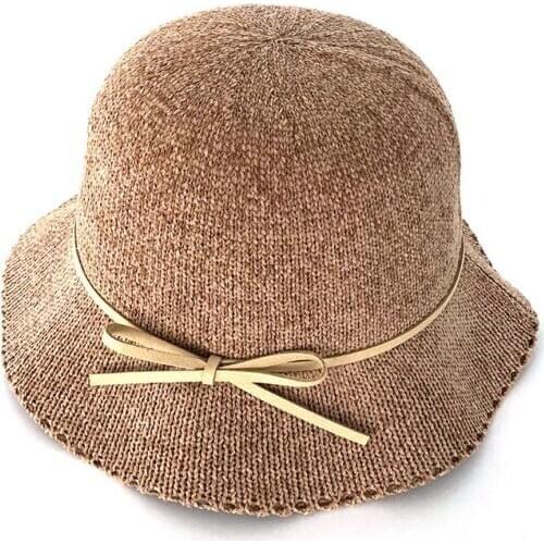 Spring Summer Chic Knitted Bucket Hats Vintage Sweet Bowknot Dome Sun Hat Women Outdoors All Match Solid Travel Caps 56-58cm
