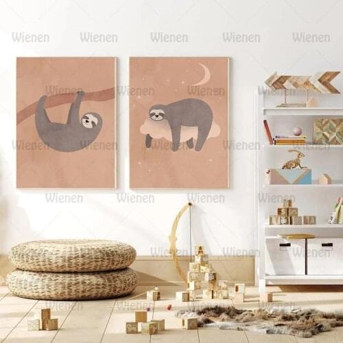 Boho Cute Sloth Canvas Painting Playroom Moon Cloud Wall Art Posters and Prints Cartoon Wall Nordic Art Pictures Kids Room Decor