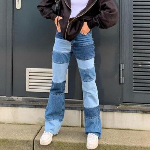 Women Cotton Blended Straight-Leg Jeans Casual High-Waisted Color Matching Patchwork Loose Casual Dating Wear Denim Trousers