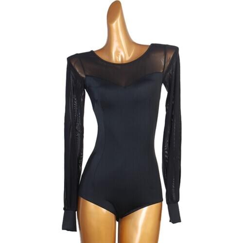 Latin Dance Practice Clothes Female Mesh Black Long Sleeve Jumpsuit Autumn Winter Rumba Dance Tops Samba Dance Costumes DQL3460