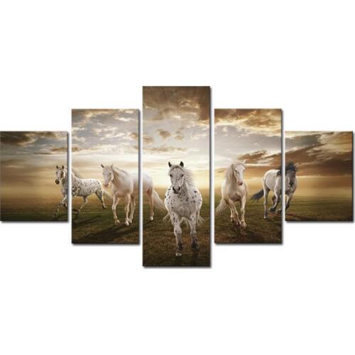 Framed 5 pcs High Quality Cheap Art Pictures Running Horse series HD Modern Home Wall Decor Abstract Canvas Print Oil Painting