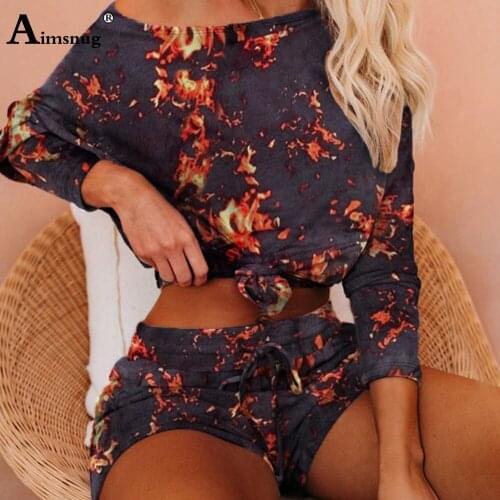 Aimsnug Women Loose Summer Sets O Neck Tie Dye Long Sleeve Top Fire Leaf Print Bodycon Shorts Outfits Casual Two Piece Sets 2020