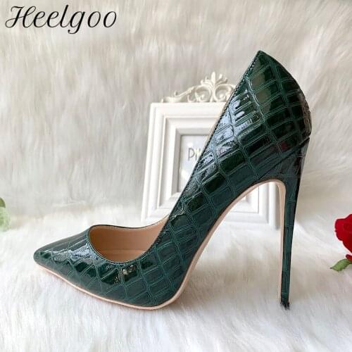 Heelgoo Dark Green Crocodile Embossed Pattern Women Pointy Toe High Heel Shoes Sexy Slip On Basic Stiletto Pumps for Sexy Ladies