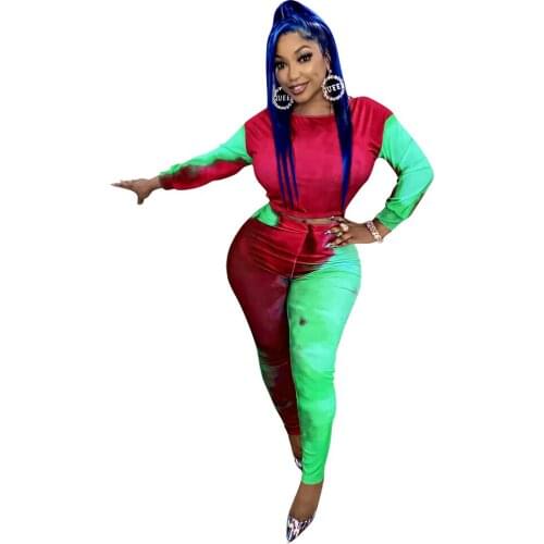 Women Tie-dye Printing Fashion Two Piece Set Casual Long Sleeve Tees Tops Sporty Jogger Pants Suit Lounge Wear Club Outfits