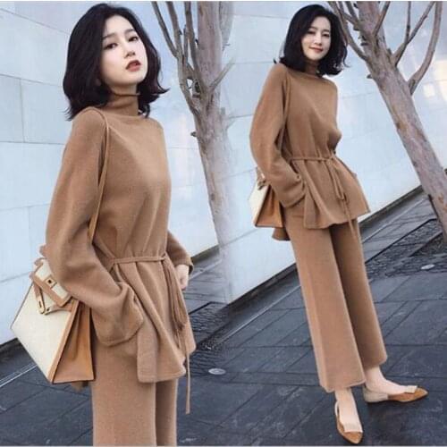 Women Spring Solid Knitting Sashes Turtleneck Pullovers Top + Wide Leg Pants Sets Knitted Sweaters Trousers Set 2 Pieces Outfits