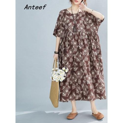Short sleeve plus size cotton vintage floral dresses for women casual loose long summer dress elegant clothes 2021 sundress