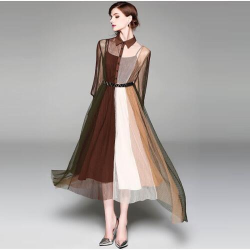 New Spring Lady Sexy Turn Down Collar Hit Color Print Dresses Bohemian Style Casual Slim A-Line Beach Dress Vestidos With Belt