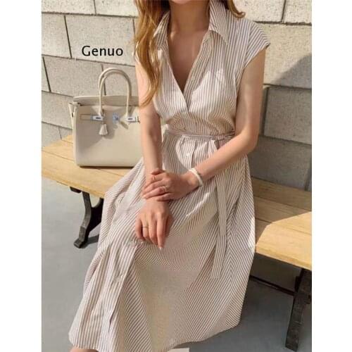 New 2021 Women Spring Summer Shirt Dress Multi Colors Casual Sleeveless Striped Oversize Lace Up Long Dress